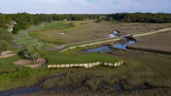 Pawleys-Plantation-Hole-13-1 The par-3 13th hole at Pawleys Plantation has a peninsula green in the marsh.