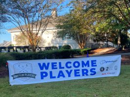 The player experience includes names and hometowns announced on the first tee, live scoring monitors, and marshals ensuring a good pace of play.